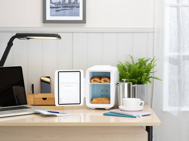 Subcold Classic 4 litre pink mini fridge with hot snacks inside